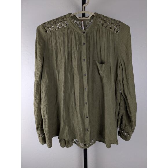Free People The Best Crochet Button Down Shirt oversized Olive Green - Picture 2 of 8